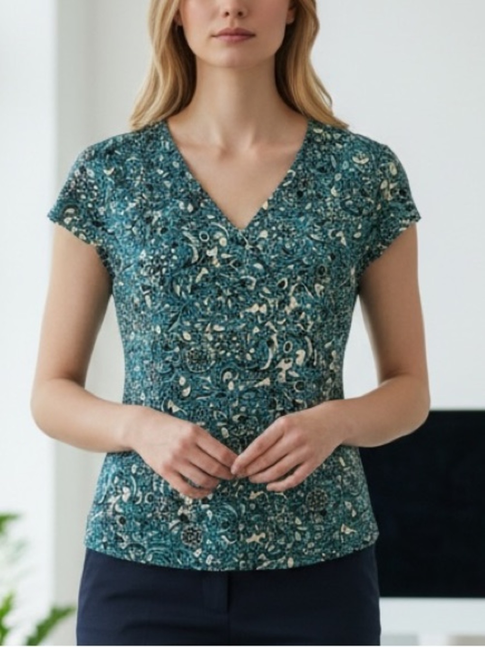 NWT Ann Taylor Blue & Black Printed Empire Waist Blouse - 2P